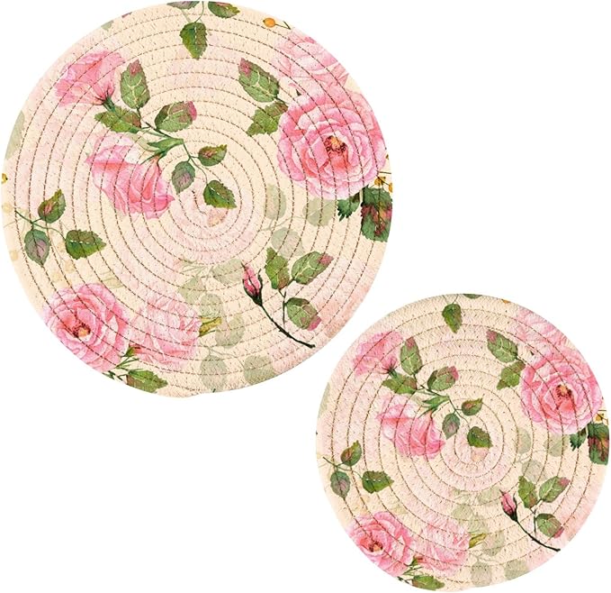Kitchen Trivets Pot Holders Set of 2, Vintage Pink Roses Trivets for Hot Pots Dishes Woven Trivet Coaster Pad Mat for Counter