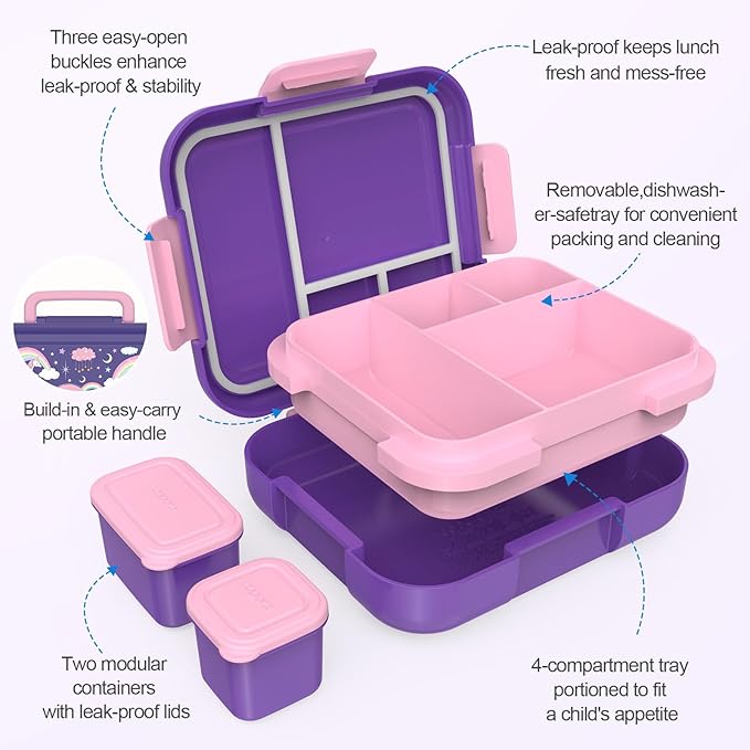 Caperci Bento Box for Kids - Leak-Proof Lunch Box Snack Container with 2 Modular Containers & 4 Compartments, Hold 4.8 Cups, Portable Handle, BPA-Free, Microwave/Dishwasher Safe (Unicorn)