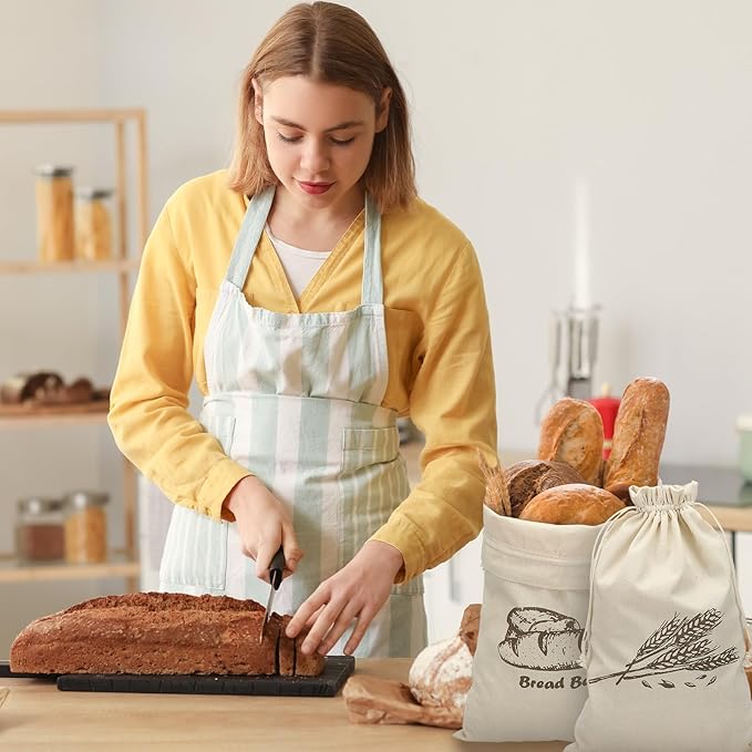 uxcell 2 Pack Reusable Bread Bags, 17.7 x 11.8 Linen Bread Storage for Homemade Sourdough Beeswax Food Drawstring Closure, Brown Bread