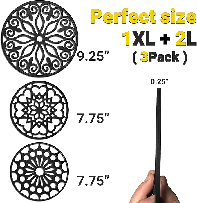 3 Set Silicone Trivet Mats with 1 Extra Large Included | Intricately Carved Insulated Flexible Durable Non Slip Thick Round Premium Trivets for Hot pots and Pans | Brown Sugar