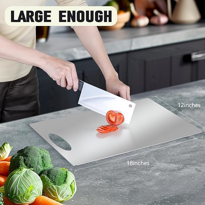Stainless Steel Cutting Board for Kitchen, Large Cutting Board, Non Toxic, Double-Sided for Meat/Fruit/Vegetable, Dishwasher Safe & Handwasher Clean, Durability, 12" x 18"