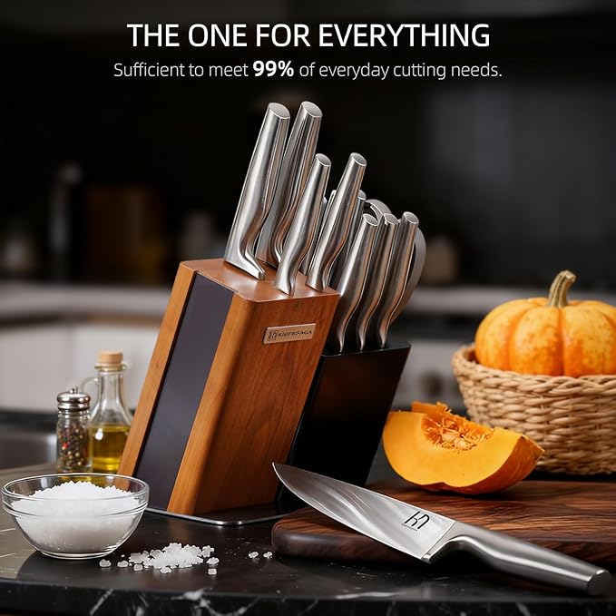Magnetic Knife Block Set, 13-Piece | Japanese Stainless Steel Kitchen Knives with Dual-Tone Block