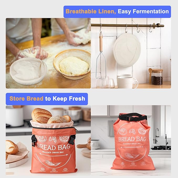 Bread Bags for Homemade Bread & Sourdough - Reusable Bread Bag with Linen Cover, Freezer-Safe Storage to Keep Bread Fresh for Days (XL, Orange)