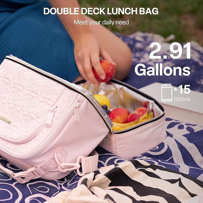 Everfun Womens Lunch Box Two Compartments Insulated Lunch Tote Bag Large Leakproof Soft Cooler for Work Picnic Travel, Pink