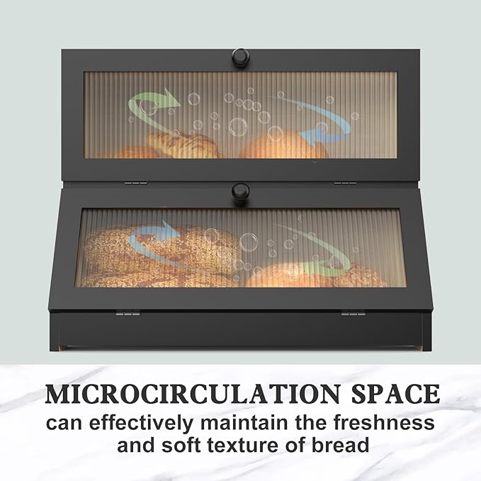 Double Layer Bamboo Bread Box for Kitchen Counter-Large Capacity Bread Storage Container Farmhouse Bread Box with Window Bread Holder (Black)