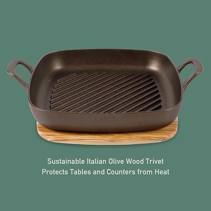 Bloomhouse - Two Time Oprah's Favorite Things Winner - Natural Bronze Finish 12" Square Cast Iron Grill Pan – Olive Oil Treated Surface w/Dual Handles & Olive Wood Trivet, Oven Grill Campfire Safe