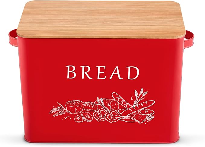 P&P CHEF Bread Box for Kitchen Counter, Metal Bread Storage Bin with Wooden Cutting Lid, Large Capacity for Holding 2+ Loaves, Retro Modern Style, Size 13” x 7.2” x 9.7”, Red