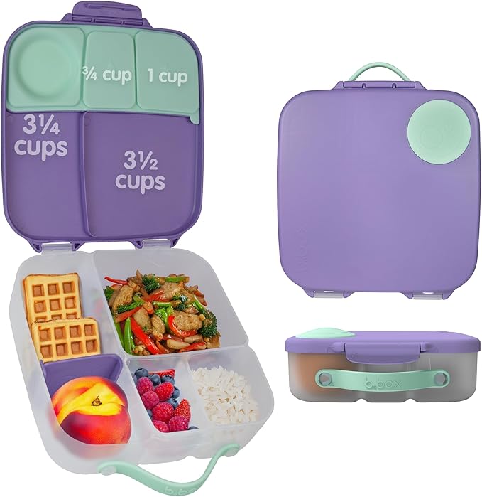b.box Kids Lunch Box – 4 compartments (2 Leak-proof) Bento Box with Cold Pack & Removable Divider Reusable Snack Containers with Lids, Snack Box for Toddlers & Older Kids 8 1/2 cups (Lilac Pop)