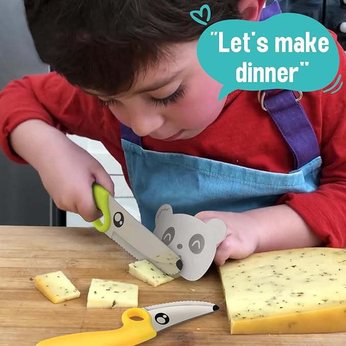Kids Knife Set for Real Cooking with Educational Ring & Panda Finger Guard for Boys & Girls Cutting, Kids Chef Knife Stainless Steel Blade for Kitchen Cutting-Cool-toned