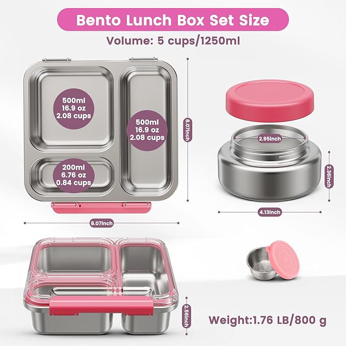 Stainless Steel Bento Box Kids Adult with 7oz Soup Thermo, Transparent Lid 3 Compartments Metal Bento Lunch Box with Insulated Food Jar,Lunch Box Container Sauce Cup for School,BPA-Free(Pink)