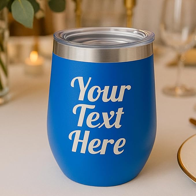 Gifts Inscribed Personalized Wine Tumbler with Lid – Blue Custom Text Engraved Stainless Steel Insulated Mug for Hot & Cold Drinks – Customized Bridesmaid, Wedding, or Birthday Gift