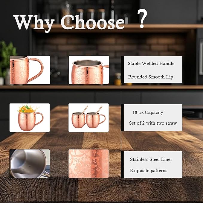 Moscow Mule MugsSet of 2-18 Oz Copper-Plated Fine Craftsmanship Etched Mugs,304 Stainless Steel-Lined Mule Cups,For Cold Drinks, Beer, Wine, Bars, Parties