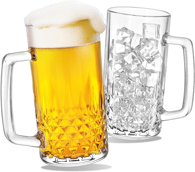 Beer Mugs For Freezer, 20 oz Large Heavy Glass Mugs with Handles Set of 2, Clear Large Beer Steins for Tea, Coffee, Lead-Free Glasses Oktoberfest Style, Best Gifts for Dad Husband or Friend