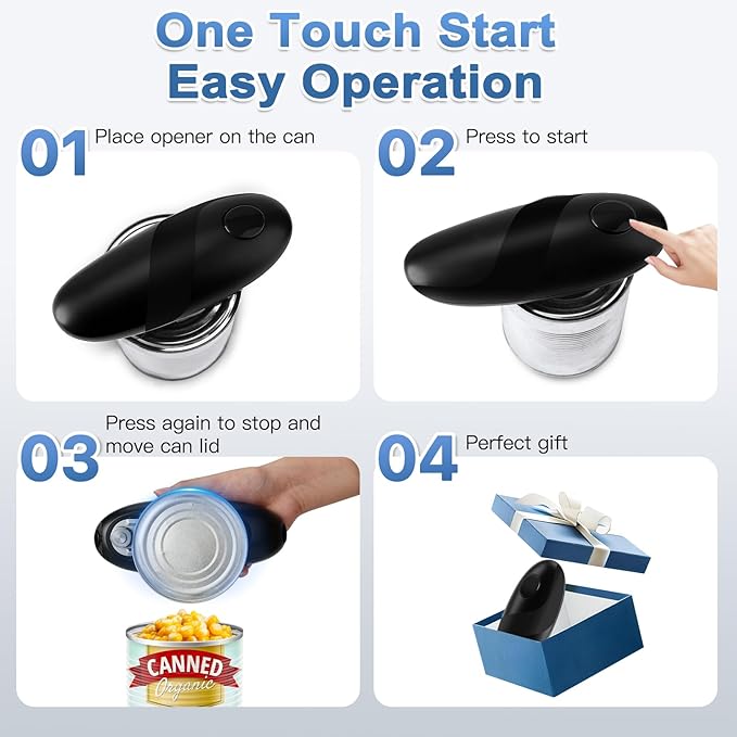 Battery Operated Electric Can Opener – Automatic, Hands-Free, Smooth Edge, One-Touch Jar Opener for All Can Shapes and Sizes, Portable and Safe Kitchen Gadget, Easy to Use for Seniors and Arthritis