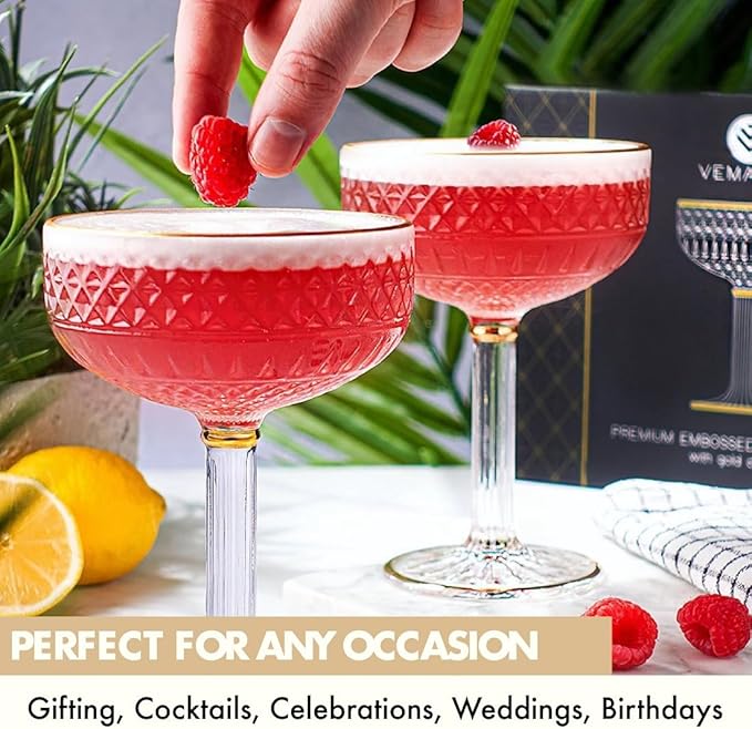 VEMACITY - Embossed Espresso Martini Glasses Set of 2 (10oz) - Gold Rim Coupe Glasses for Cocktails, Champagne & Margaritas - Vintage Art Deco Design | Ideal for Christmas & New Years