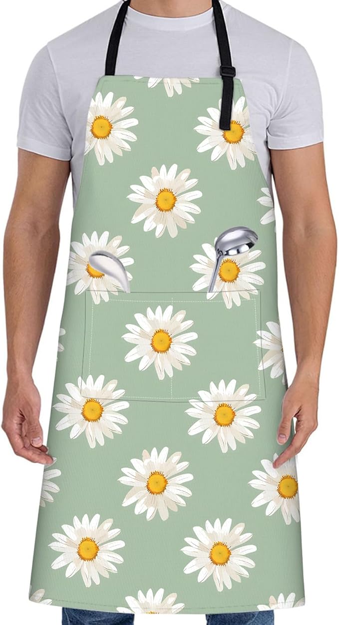 White Daisy Floral Apron for Women,28x33in,Fresh Spring Kitchen Aprons with 2 Pockets, Oxford Fabric,Flower Adjustable Apron for Cooking Baking Gardening Chef,Gifts for Mom Wife
