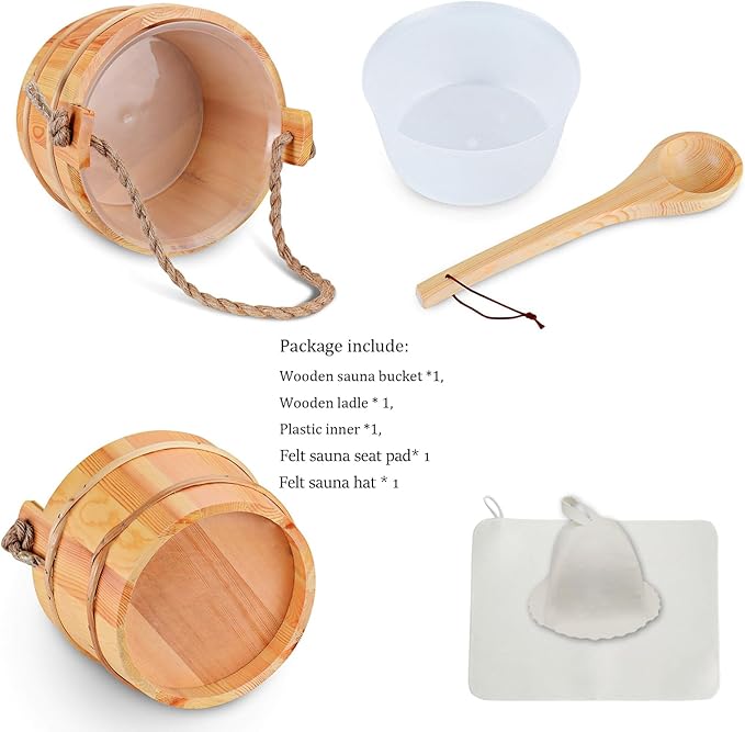 Novalty Handmade Sauna Bucket & Ladle Set Traditional Wooden Water Bucket 5 Liter (1.3 Gallon) with Plastic Liner, Bonus Sauna Hat and Seat Pad for Home Hotel Sauna Room Sauna Heater