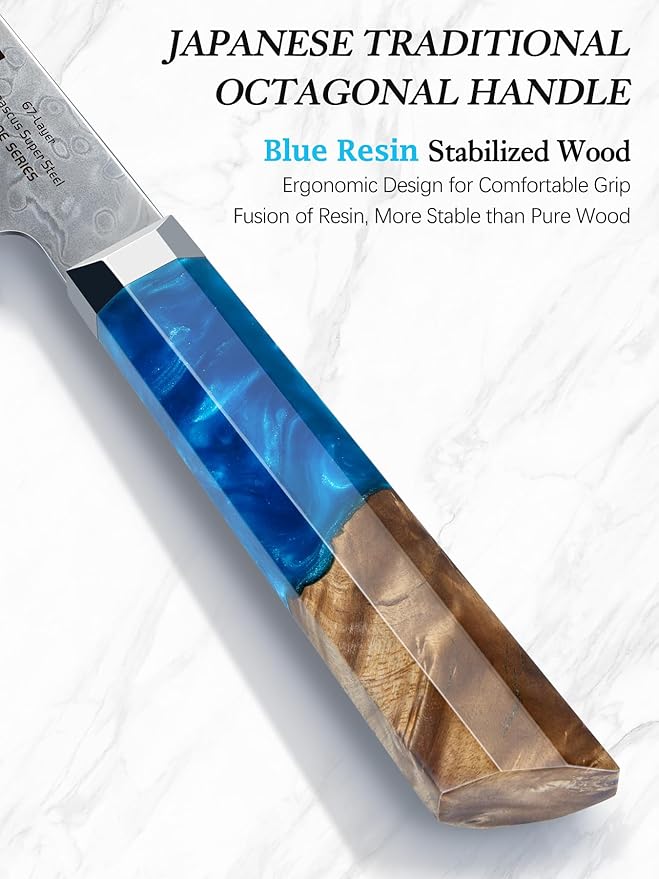 HOSHANHO Damascus Santoku Knife 7 Inch, 67-Layer Damascus Steel Chef Knife, Ultra Sharp Professional Kitchen Knives with Ergonomic Blue Resin Stabilized Wood Handle and Wood Gift Box