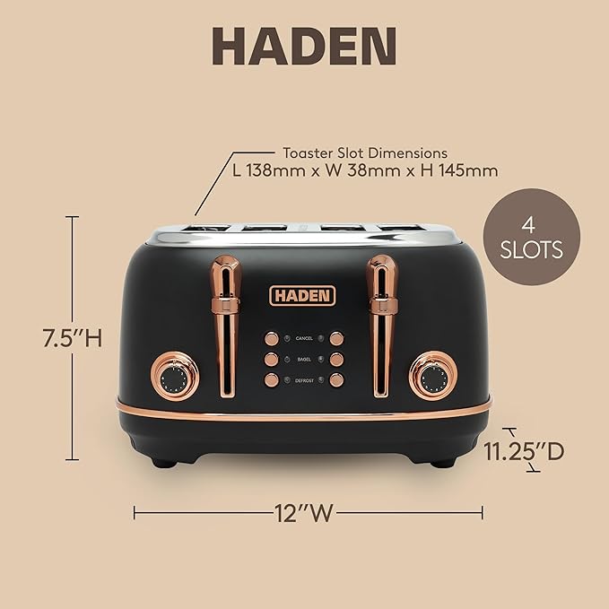 HADEN Heritage 4-Slice Toaster with Extra Wide Slots, 1500-Watt, Black & Copper - Retro Stainless Steel Design with Self-Centering Function, Adjustable Browning Control & Removable Crumb Tray