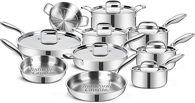 EWFEN Stainless Steel Cookware Set, 3 Ply 17 Piece Stainless Steel Pot and Pan Set, Oven Dishwasher Safe | Induction Compatible Frying Pans, Saucepans, Saute Pan & Stock Pot, PFOA, PTFE & PFOS Free