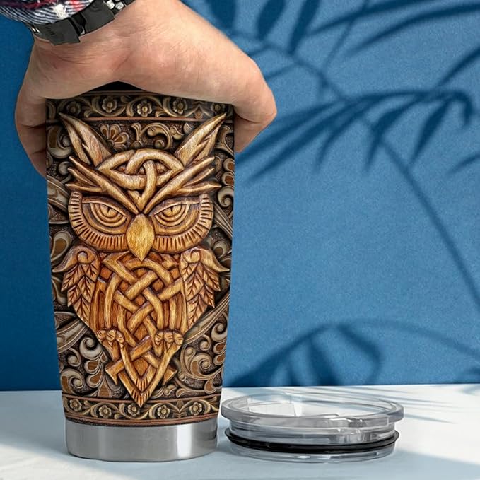 SANDJEST Owl Tumbler 20oz Owls Wood Drawing Stainless Steel Insulated Tumblers Coffee Travel Mug Cup Gifts for Women Men Owl Gift for Birthday Christmas