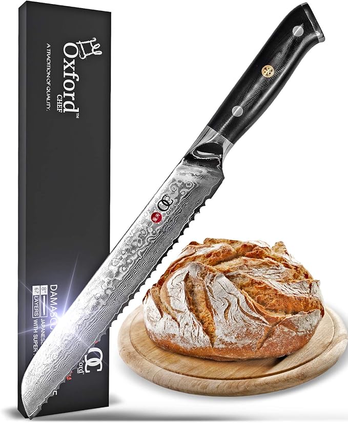 Oxford CHEF Bread Knife 8 inch Serrated Damascus- Japanese- VG10 Super Steel 67 Layer High Carbon Stainless Steel-Razor Sharp, Stain & Corrosion Resistant, & Awesome Edge Retention