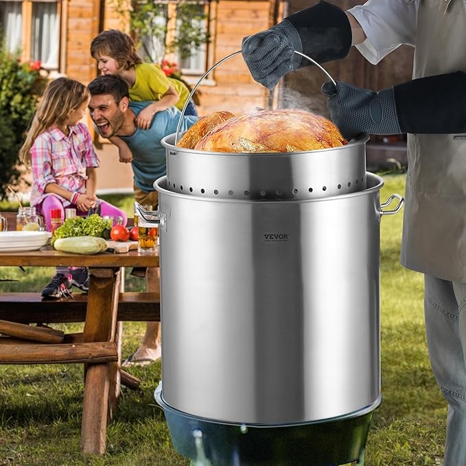 VEVOR Stainless Steel Stockpot, 100 Quart Large Cooking Pots, Cookware Sauce Pot with Basket, Lid, and Handle, Heavy Duty Commercial Grade Stock Pot, Sanding Treatment, for Large Groups Events Silver