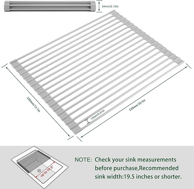 Roll Up Dish Drying Rack Over The Sink Kitchen Roll Up Sink Drying Rack Multipurpose Foldable Sink Drying Mat, Heat-Resistant, Anti-Slip & Anti-Rust Dish Rack for Kitchen, 20.5" x 13", Grey