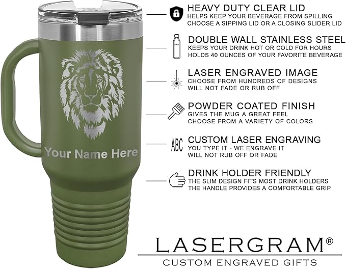 LaserGram 40oz Vacuum Insulated Travel Mug with Handle, Sushi, Personalized Engraving Included (Camo Green)