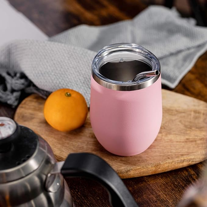 COMOOO Stainless Steel Wine Tumbler Glass Bulk with Lid and Straw 12oz Double Wall Vacuum Insulated Travel Tumbler Cup for Coffee Wine Cocktails Ice Cream Cup, Pink, 16 pack