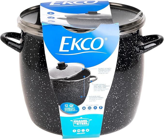 EKCO EOS 12-Quarts Alloy Steel Speckled Stockpot with Glass Lid - Dishwasher and Oven Safe Cooking Pot up to 350°F - Induction Cookware for All Cooktops - Non-Reactive Enameled Soup Pot - Black