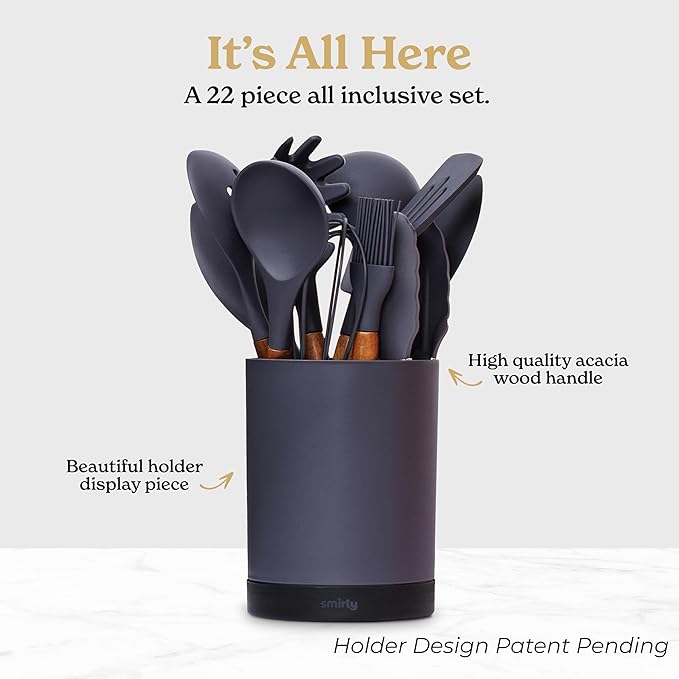 Silicone Kitchen Utensils Set & Holder: Cooking Utensils Set - Kitchen Essentials for New Home & 1st Apartment- Silicone Spatula Set, Cooking Spoons for Nonstick Cookware (Acacia Wood, Grey)