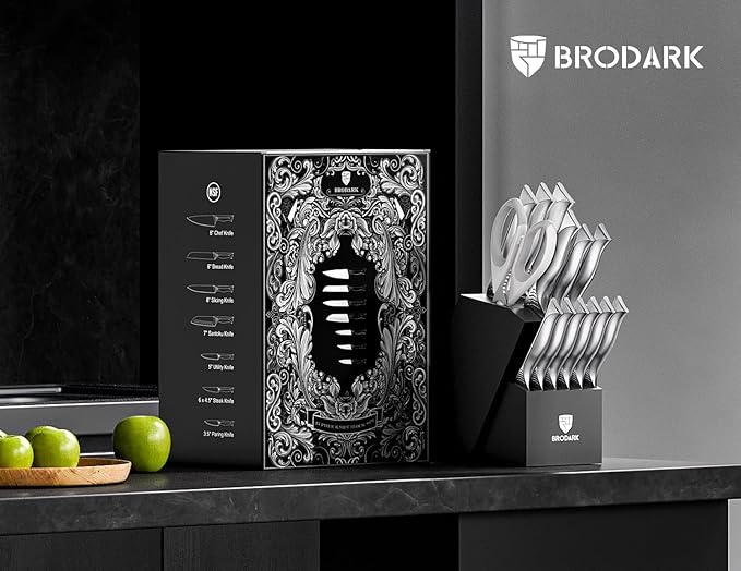 BRODARK Kitchen Knife Set with Block - 15-Piece Knife Block Set with Built-in Sharpener - High Carbon Stainless Steel Kitchen Knives Set for Kitchen - Shark Series