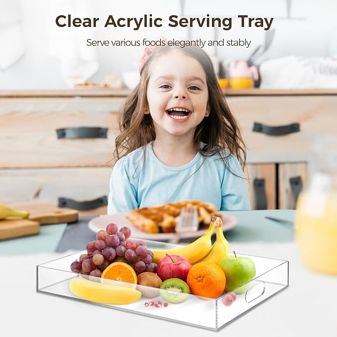 2-Pack Acrylic Trays, Clear Serving Trays with Handles 15.4x11.4" & 7.9x7.9", Decorative Vanity Trays for Bathroom, Countertop, Food Display, Smooth Edge Drawer Organizers