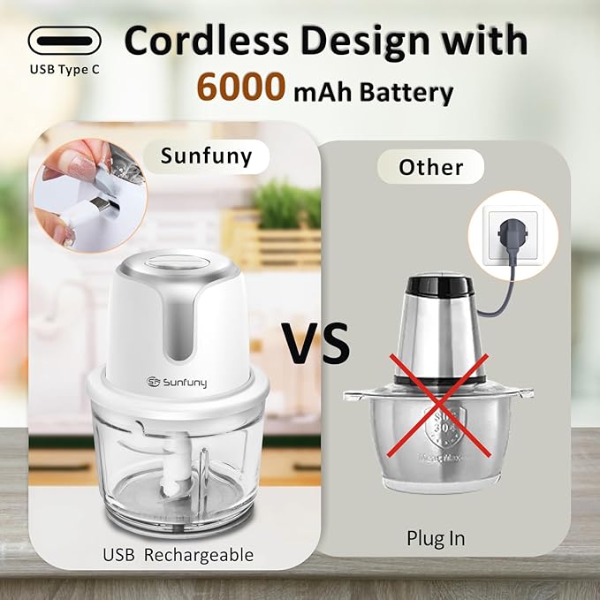 Food Processor Cordless, Small Wireless Chopper with 5-Cup Glass Bowl, 6000mAh Battery USB-C Rechargeable Electric Vegetable Chopper Meat Blender Kitchen Mixer for Garlic, Onion, Salad,Xmas Gift,White