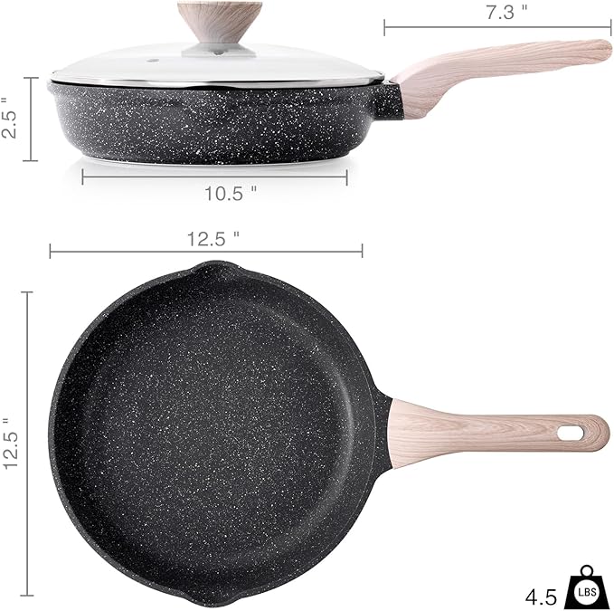 Kordisen Frying Pans Nonstick with Lid, 12.5 Inch Large Skillet with Lid, Induction Cooking Pan, Stay-Cool Handle, Compatible with All Stovetops, PFOA Free