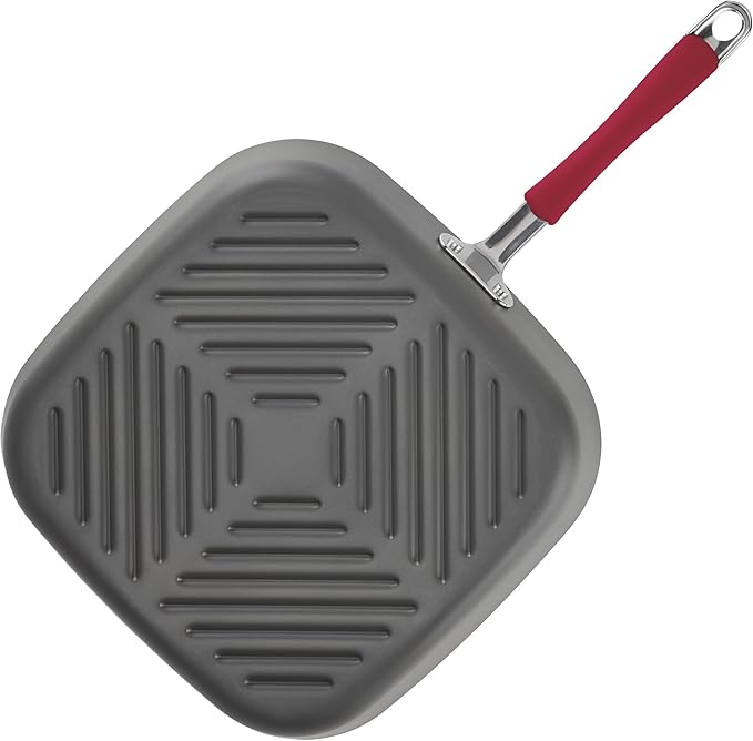 Rachael Ray Cucina Hard-Anodized Nonstick 11-Inch Deep Square Grill Pan, Gray with Cranberry Red Handle - 87632