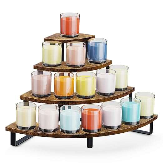 ELITEROO Wooden Display Stand, Tiered Display Riser with Metal Frame for Perfume Cupcakes Collectibles, Tabletop Retail Display Shelves Rack for Vendors Craft Show, Corner Curved