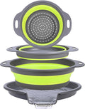 Collapsible Colander Set with Universal Draining Tray | 3-Pack Foldable Kitchen Strainers + Base | Space Saving for Pasta, Veggies, Fruit & Rice | 5 Colors (Gray-Green)
