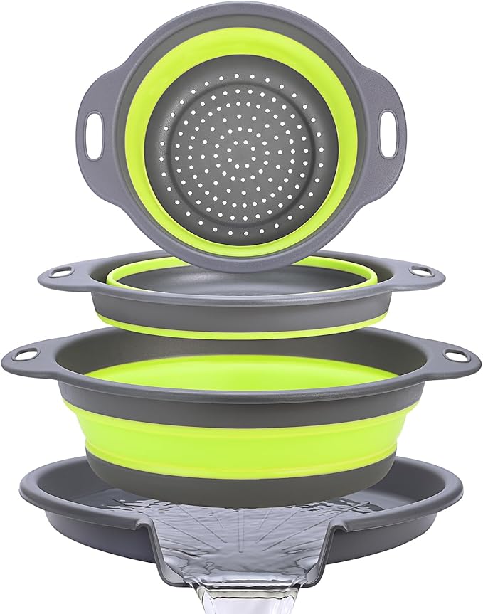 Collapsible Colander Set with Universal Draining Tray | 3-Pack Foldable Kitchen Strainers + Base | Space Saving for Pasta, Veggies, Fruit & Rice | 5 Colors (Gray-Green)