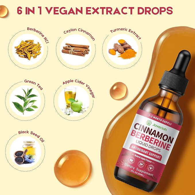 Berberine Drops with Ceylon Cinnamon Bitter Supplement,Berberine HCL Liquid Drops with Turmeric,Green Tea,Apple Cider Vinegar,Black Seed Oil for Overall Support & Digestive System 4 FL OZ 2 Pack