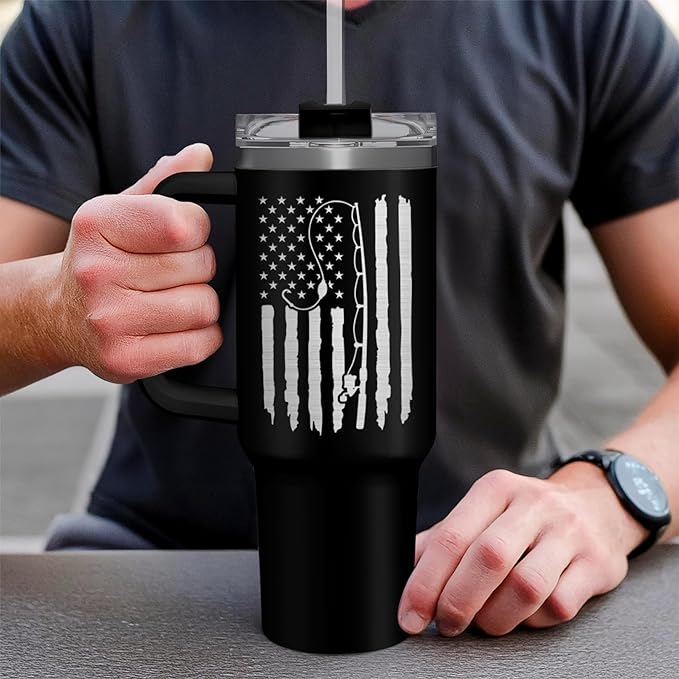 SANDJEST Fishing Tumbler with Handle 40oz, Fish Cup Tumblers with Lid & Straw, Fisherman Gifts for Men, Fishing Gift for Christmas Birthday Fathers Day
