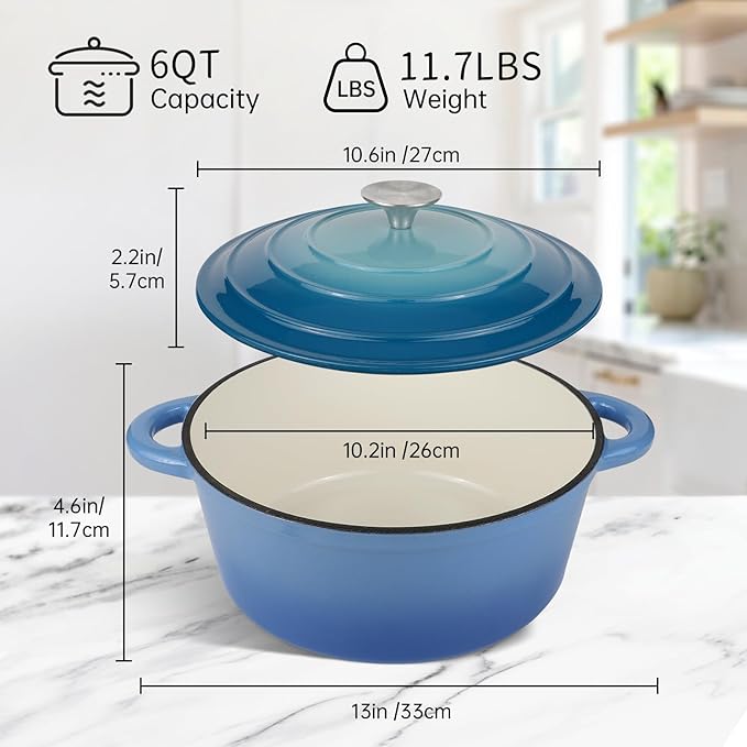 6 Quart Enameled Cast Iron Dutch Oven Pot with Lid and Silicone Accessories, Oven Safe up to 500°F or on Stovetop, Non-stick Dutch Oven for Bread Baking, Cooking, Dual Handles Cookware, Light Blue