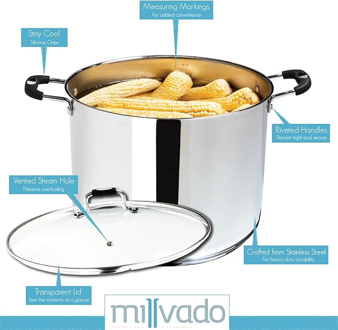 Stock Pot, Large Stainless Steel 17 Quart StockPot, Large Cooking Pot, Clear Glass Lid and Measurement Markings, Steam Hole, Induction, Gas, Electric Compatible Big Boiling Pot
