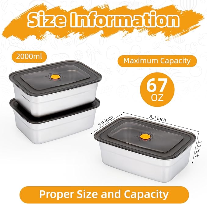 3 PCS Stainless Steel Food Storage Containers(67oz) with Lids Leak Proof & Airtight | Stainless steel freezer Containers,Airtight Bento Lunch Box,For Meal Prep,Fruit,Snack,Freezer