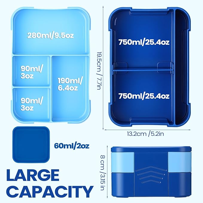 6-compartment Bento Box, 50oz Lunch Container with Utensils & Sauce Cup, Microwave & Dishwasher Safe, Leakproof Lunch Box for Adults Men Women(Royal Blue)