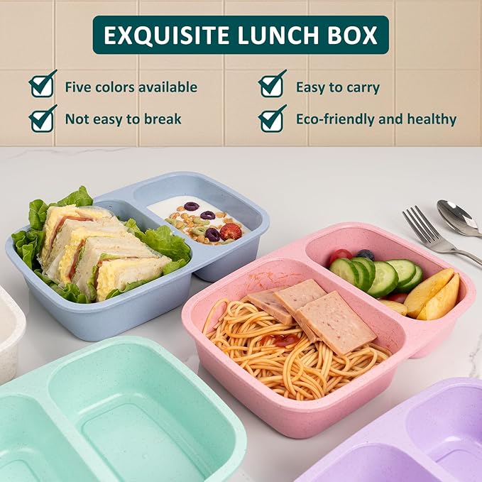 Bento Lunch Box 2 Compartment Lunch Containers, Reusable Kids Lunch Box Containers with Lids, Stackable Food Containers for Lunch, Microwave & Dishwasher Safe for Travel Work & School(5 Pack)