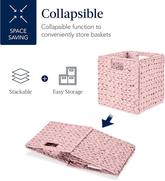 Best Choice Products 10.5x10.5in Pack of 5 Cube Storage Baskets, Water Hyacinth Multipurpose Collapsible Organizers, Handwoven Toy Storage Totes for Kids Room, Nursery & Living Room - Pink