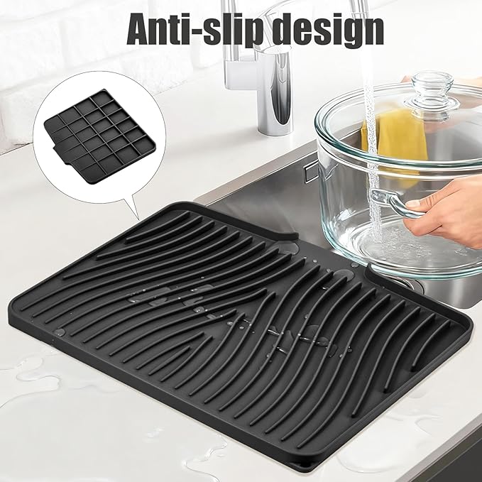 Silicone Dish Drying Mat for Kitchen Counter, Dish Drying Pad, Non-Slip Drain Pad with Built-in Drain, Heat Resistant Stone Drying Mat(15.8" x 13", Black)