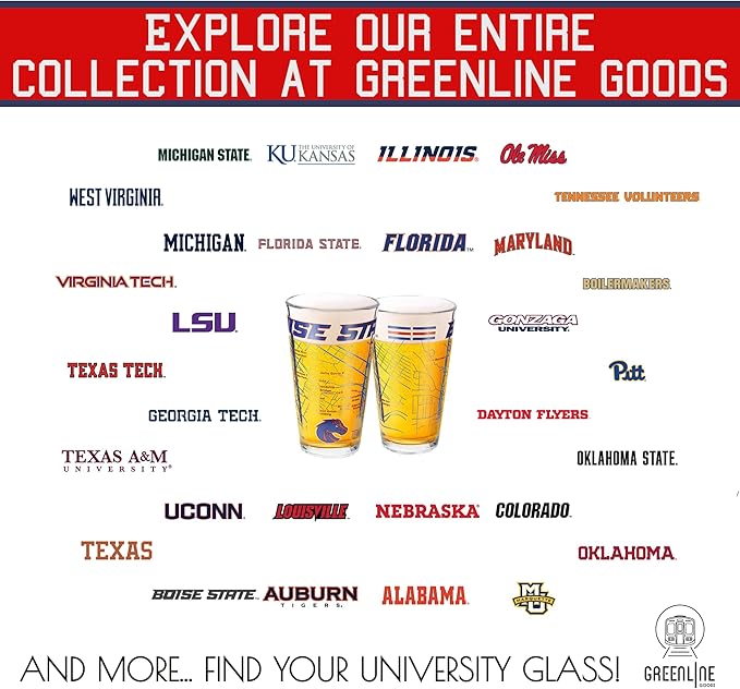 Greenline Goods – Boise State University Broncos College Pint Beer Glasses (Set of 2), 16 oz – Full-Color Logo + Campus Map